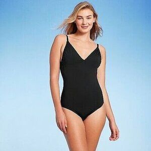 NEW Women's V-Neck Shirred Medium Coverage One Piece Swimsuit - Kona Sol Black M